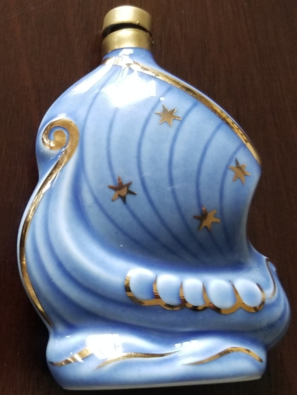 Larsen Viking Ship Invincible Cognac Bottle Blue & Gold Limoges Porcelain 50 ml